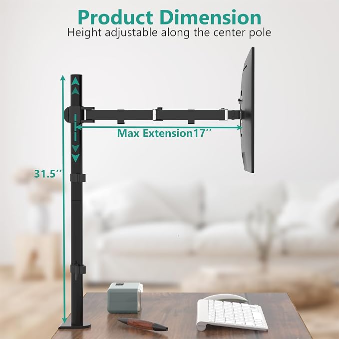 WALI Monitor Arm Mount for Desk, Single Extra Tall Computer Desk Mount, Monitor Bracket Mount Stand Single, up to 32 inch, 22 lbs (M001XL), Black