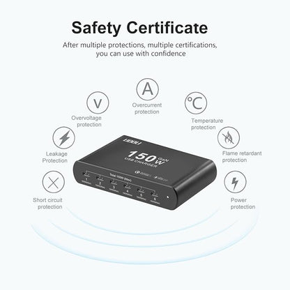 150W Charging Station for Multiple Devices, 6-Port GaN USB (100W Max) PD Fast Charger Block with USB-C to USB C 100W Cable for iPhone 16 15 iPad Pro Tablets Laptop MacBook Pro Dell and More