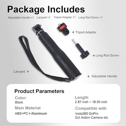 19" Short Selfie Stick, Compact & Lightweight Monopod Pole (6.7"-18.9") with 360° Tripod Adapter for GoPro, for Insta360, for DJI Osmo Action Camera - YD024