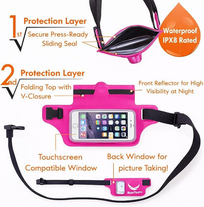 Ultimate Pink Waterproof Running Swimming Belt: Phone & Essentials Holder for Gym, Beach, Kayaking, Ski! Fits iPhone, Samsung - Touchscreen, IPX8 Rated Dry Waist Pouch - Adventure-Ready Performance!