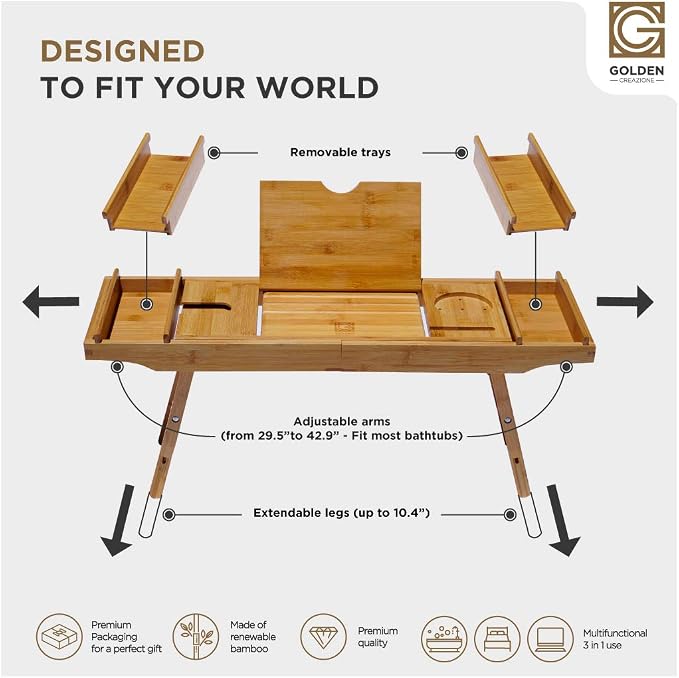 3-in-1 Premium Bathtub Caddy, Laptop Desk & Bed Tray with Extendable Arms and Adjustable Legs - Includes a Free Soap Dish, Two Spa Trays and Tablet/Wine Glass/Candle/Phone Holders - Natural Bamboo