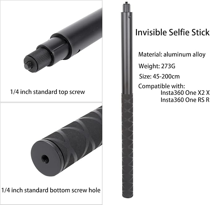 PellKing Long 77inch Invisible Selfie Stick for Insta360 ONE X5,X4, X3, X2, X, Insta360 ONE R, RS, DJI OSMO 360,GoPro Max, Insta 360 Camera 1/4" Extended Monopod Pole
