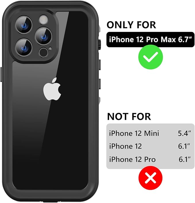 Protebox for iPhone 12 Pro Max Waterproof Case with Built-in Screen Protector, Shockproof Dustproof Full Body Protective IP68 Waterproof Phone Case for iPhone 12 Pro Max 6.7 inch (Black/Clear)