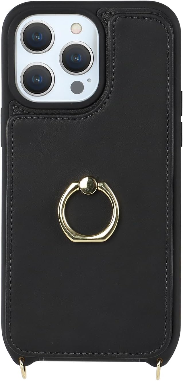 Lipvina for iPhone 12/12 Pro Case with Card Holder and Strap for Women,Crossbody Lanyard,RFID Blocking,Kickstand Ring Stand,Snap Clasp,Phone Wallet Cases 6.1 inch(Black)