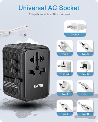 LENCENT 65W Universal Travel Adapter, GaN International Fast Charger | 2 USB-A &2 USB-C Power Plug Converter, Power Outlet Adapter for Phones,Laptops, All in One Travel Essentials for EU/USA/UK/AU