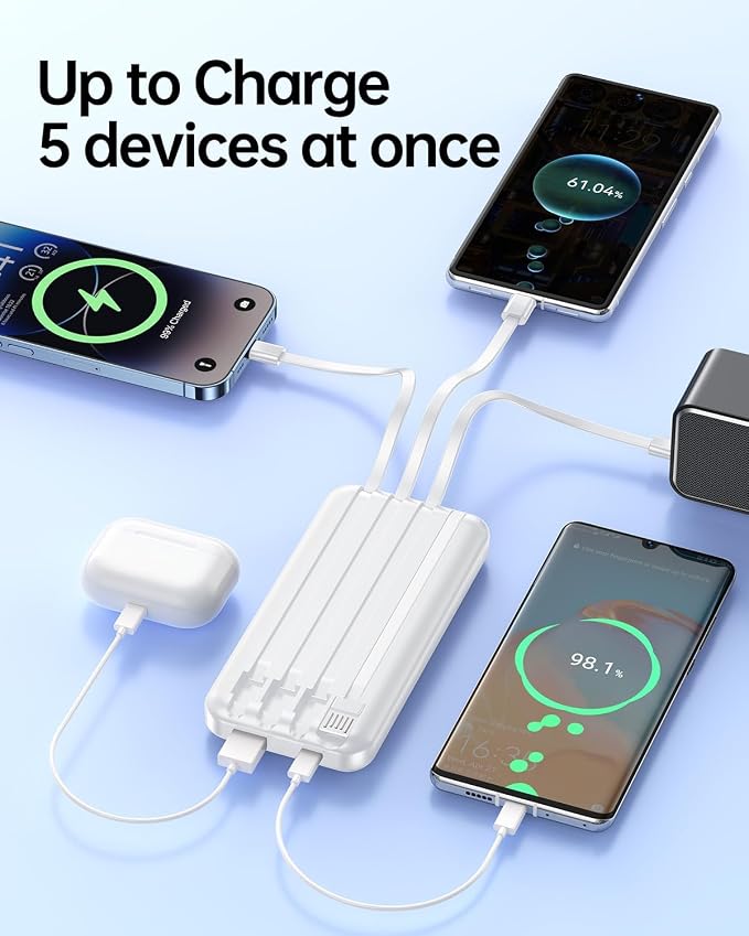 RONEGN Portable Charger with Built in Cable - Power Bank Fast Charging 22.5W USB C 10000mAh LED Display Travel Battery Pack 5 Outputs & 3 Inputs for iPhone Samsung Android iPad Phones Tablets etc