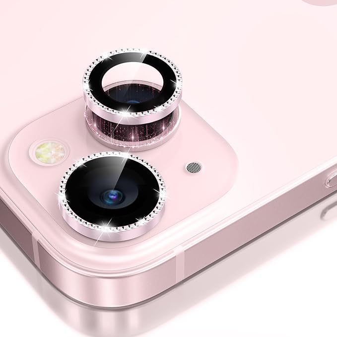 GolbinBox Camera Lens Protector for iPhone 13/13 Mini, 1:1 Invisible Fit, 9H Tempered Glass Ultra HD Metal Individual Camera Cover for Women, Case Friendly, Bling/Pink