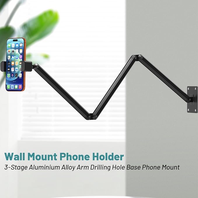 Wall Mount Phone Holder,Phone Holder for Desk Bed,3-Stage Aluminium iPhone Stand,Foldable Extendable Arms Heavy Duty Drilling Base,Compatible with 3.5~7.5" iPhone/HTC/LG/Huawei/Galaxy/Smartphones