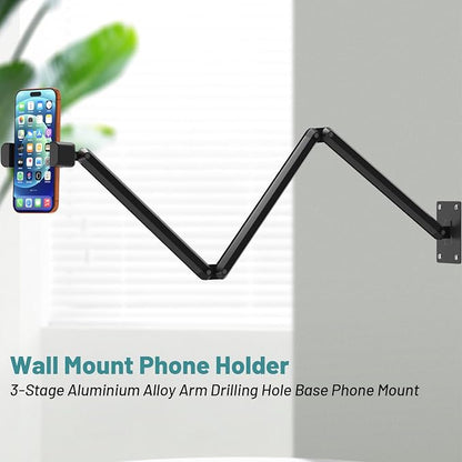 Wall Mount Phone Holder,Phone Holder for Desk Bed,3-Stage Aluminium iPhone Stand,Foldable Extendable Arms Heavy Duty Drilling Base,Compatible with 3.5~7.5" iPhone/HTC/LG/Huawei/Galaxy/Smartphones