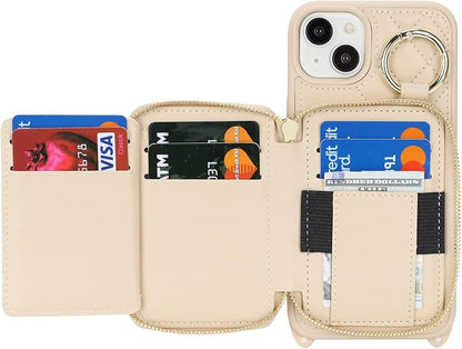 Crossbody Wallet Case for iPhone 14 Plus, PU Leather Zipper Handbag Purse Flip Cover, Kickstand Folio Case with Card Slots Holder Wrist Strap Lanyard 5G 6.7 Inch-White