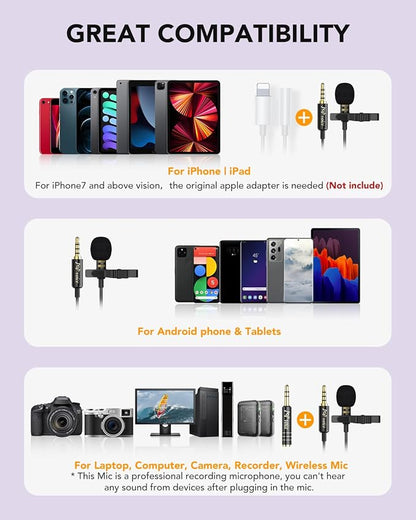 PoP voice Professional Lavalier Lapel Microphone 3.5mm, 14.7FT Compatible with DJI Mic/Rode Wireless GO Transmitters for Smartphone Camera,Mini Mic for YouTube,Interview,Video,Broadcast