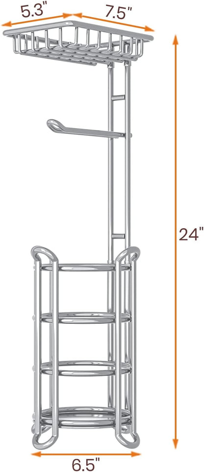 TreeLen Toilet Paper Holder Stand Toilet Tissue Roll Holder with Shelf for Bathroom Storage Holds Phone/ Wipe/ Mega Rolls-Shiny Chrome