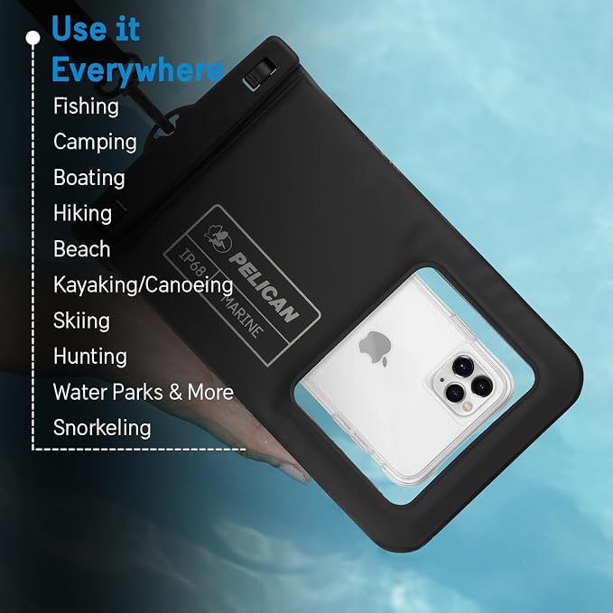 Pelican Marine - IP68 Waterproof Phone Pouch (XL Size) Floating Waterproof Phone Case - Beach Cruise Ship Travel Essentials - Works with All Phones - Detachable Lanyard - Black
