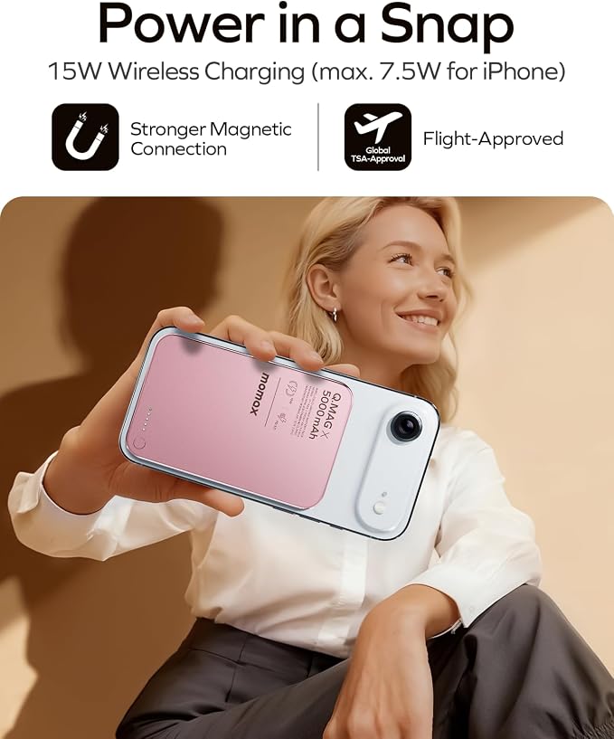 MOMAX Magnetic Wireless Power Bank 5000mAh, Ultra-Slim 0.3" MagSafe-Compatible Portable Charger, 20W USB-C PD Fast Charging, for iPhone 17/16/15/14/13/12 Series, Samsung Galaxy & Google Pixel