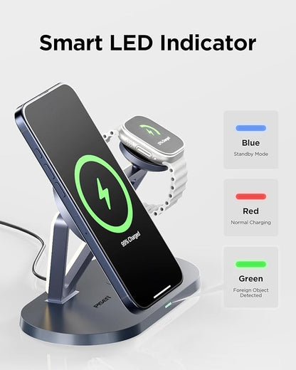 PISEN Mag-Safe Wireless Charger Stand - 3-in-1 Wireless Charging Station, Qi2 Certified 15W Mag-Safe Wireless Charger Stand with Night Light for iPhone 17/16/15/14/13/12 Series, Apple Watch, AirPods