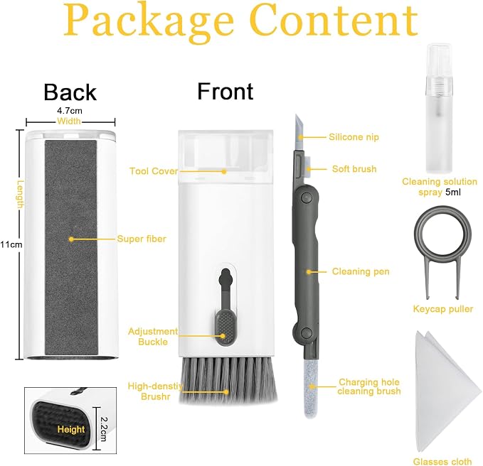 Walrfid Airpods Electronic Screen 7 in 1 Cleaner Kit Laptop Keyboard Cleaning Tool for ipad/iwatch/Computer/Phone/MacBook with 5ml Touchscreen Cleaners Mist (Grey)