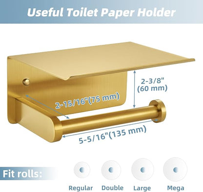 APLusee Brushed Gold Toilet Paper Holder with Shelf, 304 Stainless Steel Wall Mounted Compact Bathroom Tissue Hanger