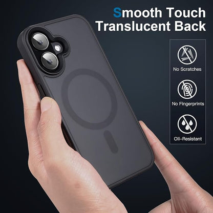 Strong Magnetic Case for iPhone 16 Case [10FT-Grade Drop Tested & Compatible with MagSafe] Translucent Anti-Fingerprint Shockproof Protective Cover 6.1 Inch, Black