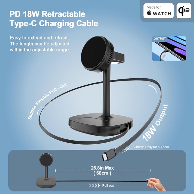 5 in 1 Qi2 Magnetic Wireless Charger Stand, 15W Fast Wireless Charging Station with Cooling Fan for iPhone 17/16/15/14/13/12, AirPods, Apple Watch - 65W Adapter & Retractable USB-C Cable Included