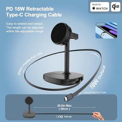 5 in 1 Qi2 Magnetic Wireless Charger Stand, 15W Fast Wireless Charging Station with Cooling Fan for iPhone 17/16/15/14/13/12, AirPods, Apple Watch - 65W Adapter & Retractable USB-C Cable Included
