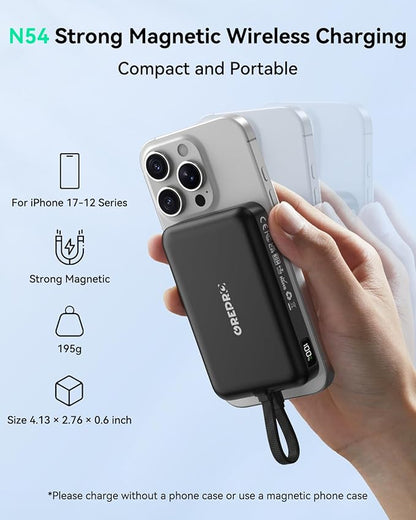 GREPRO Magnetic Portable Charger Power Bank,10000mAh Battery Pack for Magsafe,22.5W Fast Charging Power Bank with Built in USB C Cable,LCD Display,Wireless Charger for iPhone 17/16/15/14/13/12 Series