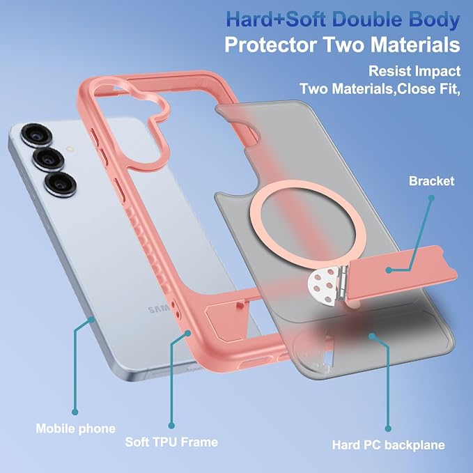 RMOCR for Samsung Galaxy S25 Plus Case with Screen Protector+Lanyard Wrist Strap,Magnetic Translucent Matte Rugged Slim Phone Cover Built in Invisible Kickstand [Fit for MagSafe],2025 Cute Pink