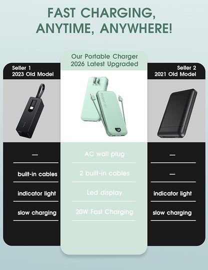 Portable Power Bank, 10000mAh PD20W Phone Charger with Built-in Cables and Wall Plug, USB C Fast Charging Battery Bank with Smart LED Display, External Battery Pack for iPhone, iPad, Samsung etc Green