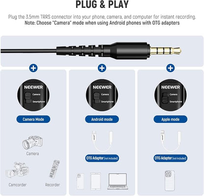 NEEWER 3.5mm TRRS Lavalier Lapel Microphone Plug & Play Mini Clip on Mic Omnidirectional Condenser for Camera Phone PC, Low Frequency Cut, Gain Control, Monitoring Headphone Jack, CM10