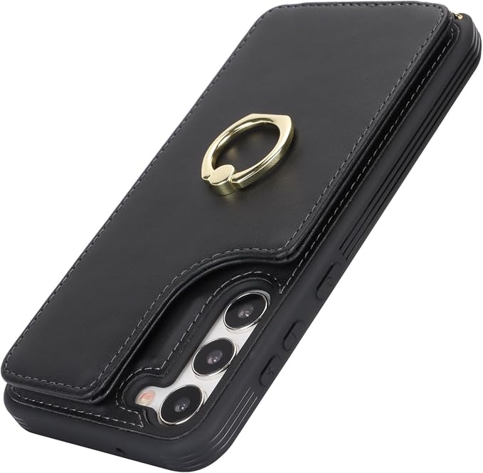 Lipvina for Samsung Galaxy S22 Case with Card Holder and Strap for Women,Crossbody Lanyard,RFID Blocking,Ring Stand,Snap Clasp,Phone Wallet Cases 6.1 inch(Black)