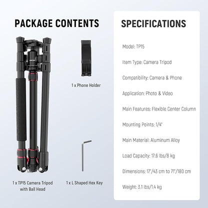 NEEWER Basics Camera Tripod Monopod, 71" Aluminum Heavy Duty Portable Travel DSLR Cell Phone Stand with 360° Ball Head Cellphone Holder Mount Compatible with iPhone for Filming Video Recording, TP15