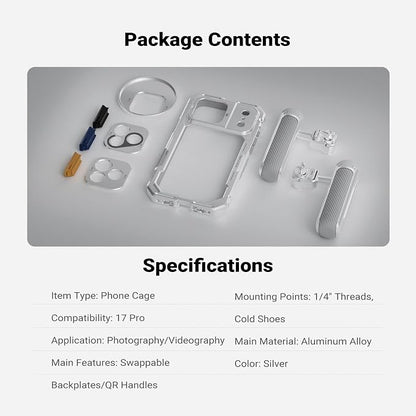 NEEWER Phone Cage Kit Compatible with iPhone 17 Pro Only, Video Rig Stabilizer Accessories with 67mm Filter Ring, 17mm Lens Backplate, T Mount Adapter, Two Quick Release Handles, PA143 (Silver)