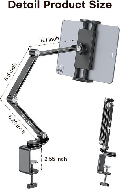 OMOTON Adjustable Tablet Stand for iPad, Desk Phone Holder for Bed with 2 Clamps, Flexible Aluminum Alloy Mount with 360° Rotation for 4-13" Devices (Black)