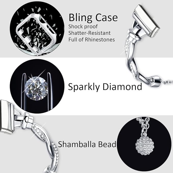 Bling Band Compatible with Fitbit Versa 4/Sense, Fitbit Versa 3/ Sense 2, Double Twist Metal Bangle Bracelet with Rhinestones for (Fitbit Versa 3/Sense, Silver)