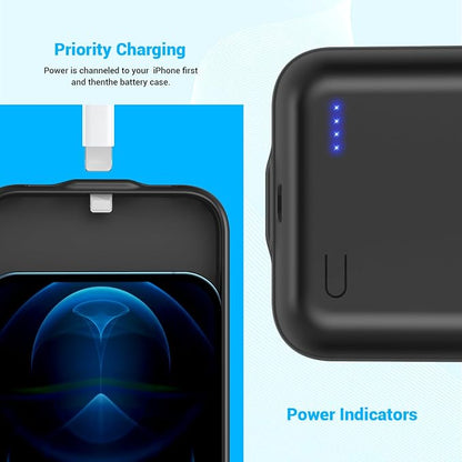 Battery Case for iPhone 12, 12 Pro (6.1 inch), Upgrade 13800mah Portable Slim Battery Charging Case, Rechargeable Charger External Charging Case with Tempered Glass Screen Protector Black