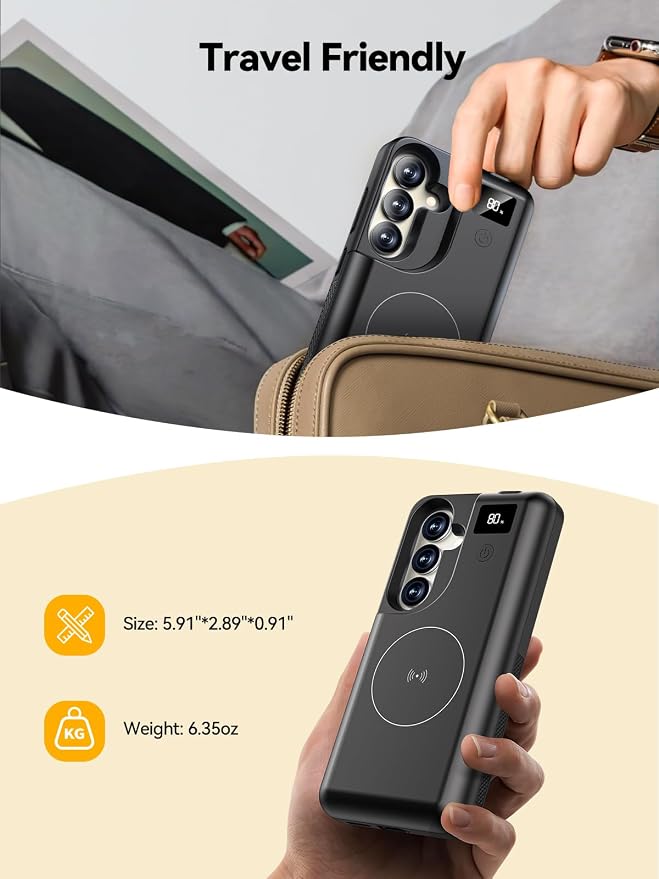Mavulo Battery Case for Samsung Galaxy S24 6.2", 8000mAh Portable Charger with LED Display, Qi Wireless Charging, 20W USB-C Fast Charging, Sync Data & Wired Audio Supported – Black