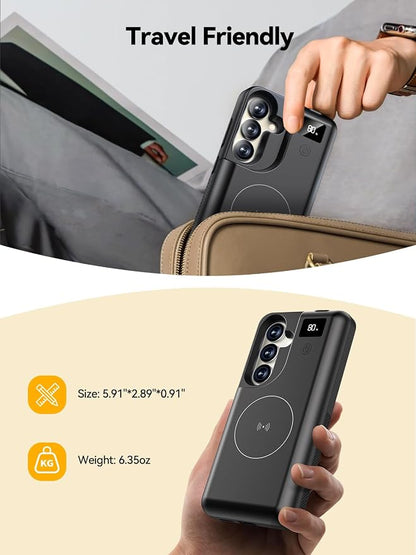 Mavulo Battery Case for Samsung Galaxy S24 6.2", 8000mAh Portable Charger with LED Display, Qi Wireless Charging, 20W USB-C Fast Charging, Sync Data & Wired Audio Supported – Black