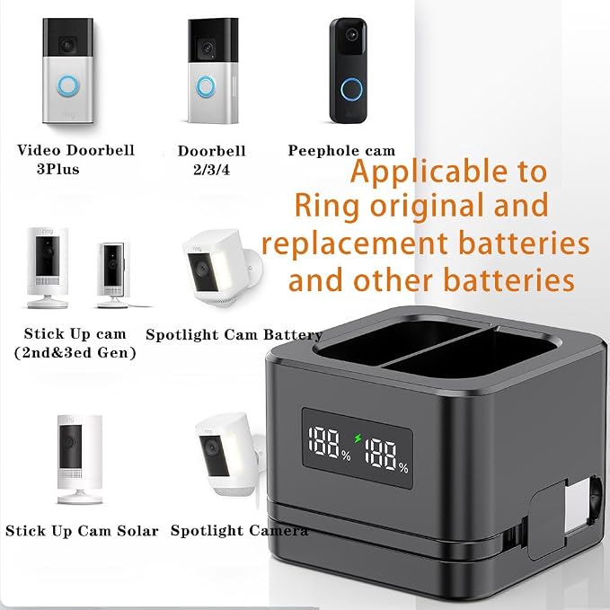 2 Pack Upgraded, Batteries Charger,A Charger Compatible with Ring Batteries,LED Digital Display,Dual Charging,for Doorbell Camera 2/3/4,3Plus, Spotlight Camera and Stick Up Cam