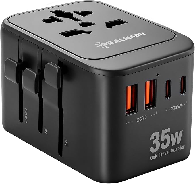 Realmade 35W PD International Travel Adapter 5-Port Type C G I A Black Gray | 5-Port 1AC 2USB-A 2USB-C all-in-one international plug for EU US UK travel essential