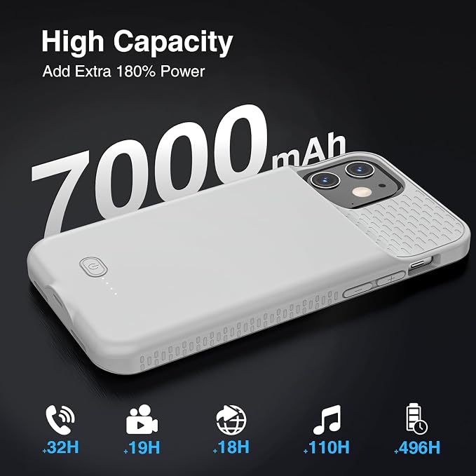GIN FOXI Battery Case for iPhone 12/12 Pro, Rechargeable Charging Cases Charger 7000mAh Juice Box Anti-Fall Protection Cover Extended Battery Pack for 12 Pro/12 (6.1") Grey