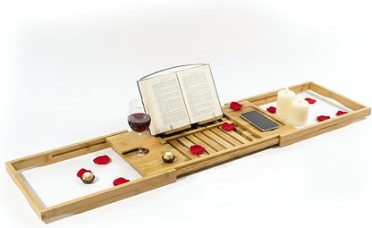 OVENTE Bathtub Tray Caddy, Expandable Bamboo Bath Tray Table, Wooden Tub Board with Books, Tablets, Phone and Wine Glass Holder, Bathroom Accessories and Home Spa Essentials, Wood BTC20228