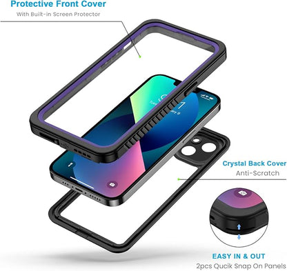 Lanhiem for iPhone 13 Case, IP68 Waterproof Dustproof Shockproof Cases with Built-in Screen Protector, Full Body Sealed Protective Front and Back Cover for iPhone 13, 6.1 inch (Purple)