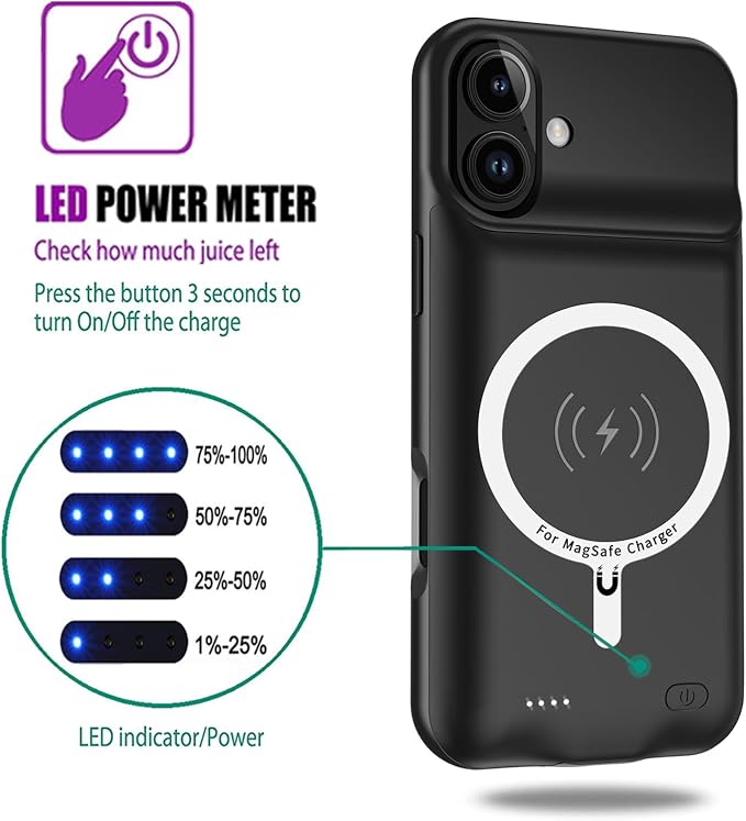 Wireless Charging Case for iPhone 17, 10000mAh High Capacity Portable Rechargeable Protective Extended Battery Case Qi Wireless Charging with iPhone 17(6.3 inch) Extended Battery Charger Case (Black)