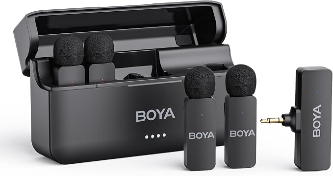 BOYA by-V4 Wireless Microphones for Cameras DSLR Camcorder with Charging case, 12H Battery Life, 650ft Range, 4-Channel Omnidirectional Noise Canceling Lavalier Mic for Live Streaming Vlog