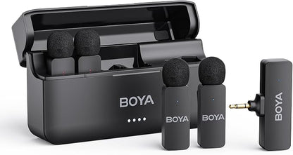 BOYA by-V4 Wireless Microphones for Cameras DSLR Camcorder with Charging case, 12H Battery Life, 650ft Range, 4-Channel Omnidirectional Noise Canceling Lavalier Mic for Live Streaming Vlog