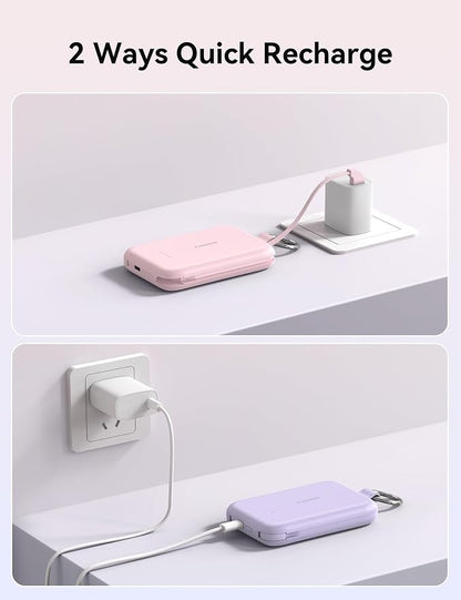 RORRY Portable Charger, 10000mAh PD 30W Fast Charging Portable Charger Power Bank with Built-in Cables, Travel Keychain Charger Battery Pack for iPhone 17/16/15/14/13/12, for AirPods 2/3/4/Pro, Pink