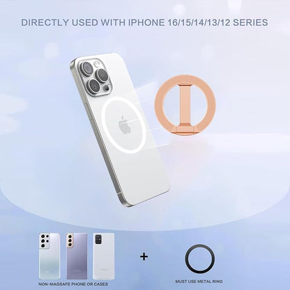 Double Magnetic Phone Ring Holder for MagSafe 360°Rotation Finger Grip Stand Adjustable Cellphone Magnetic Kickstand Mag Safe Accessories for iPhone 16/15/14/13/12 Series Rose Gold