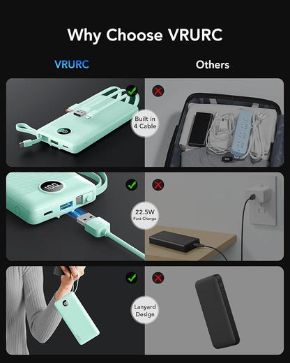 VRURC Portable Charger, 22.5W Fast Charging Power Bank Built‑in 4 Cables | 10000mAh Slim Lightweight Travel Battery Pack for iPhone, Samsung & Multi Devices, Pocket‑Friendly with Lanyard-Green(1 Pack)
