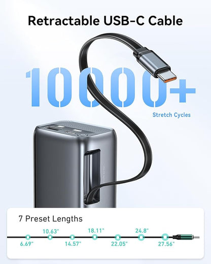 MOKiN Portable Charger 10000mAh, 45W PD Fast Charging Power Bank with Built-in Retractable USB-C Cable, Smart Display Mini Battery Pack, Pocket Portable Charger for iPhone 17/16/15, Samsung, iPad