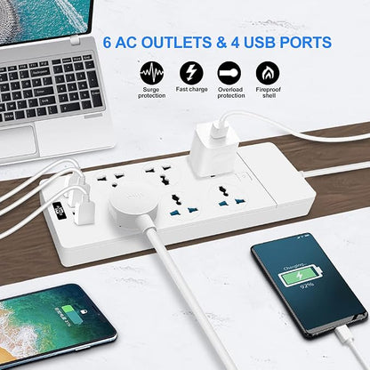 Universal Power Strip with 6 Oulets and 4 USB, 6.5ft Extension Cord 3000W Universal Power Strip Surge Protector 110V-250V Extension Lead for Home Office Dorm Room (White)