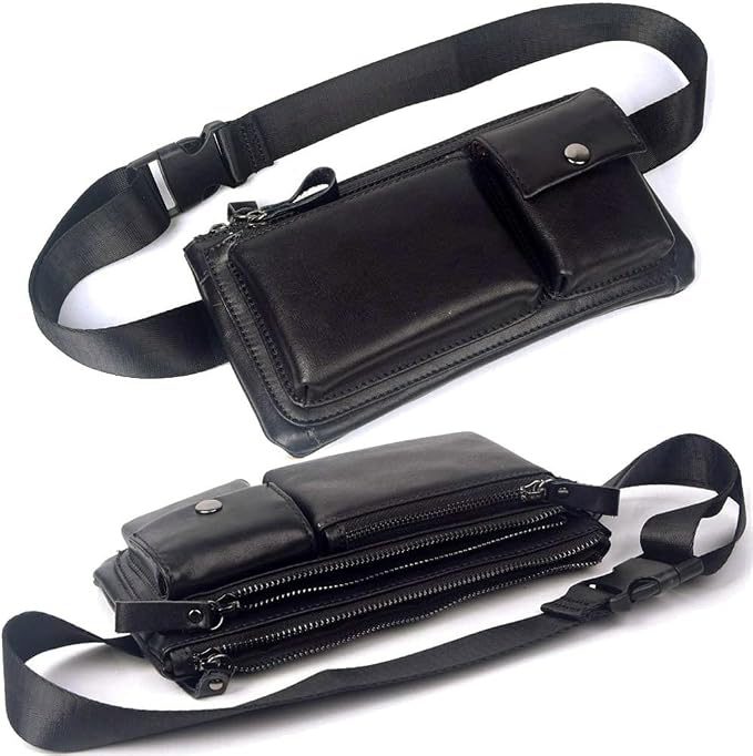 KPYWZER Vintage Leather Waist Bag Fanny Pack for Men Women Hip Bum Bag Belt Slim Cell Phone Purse Wallet Vintage Retro Crossbody Sling Pouch Black